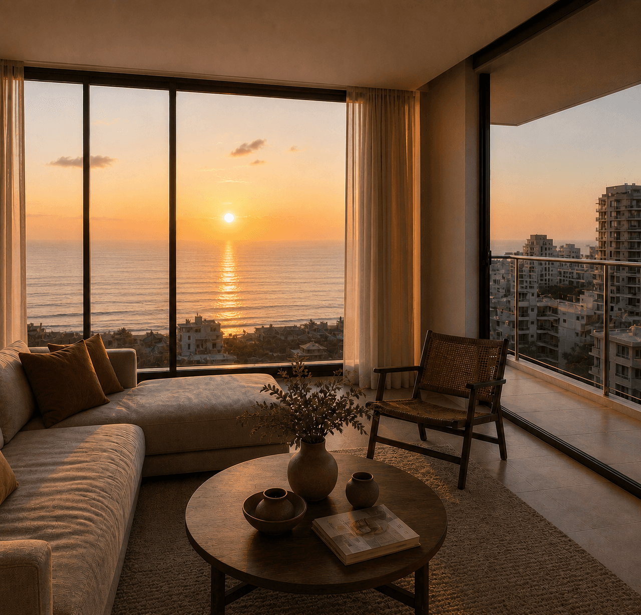 Interior contemporáneo con vista al atardecer en Lima